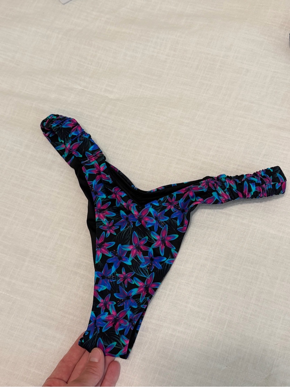 Black Floral Ruched Bikini Bottoms with Blue & Pink Flowers